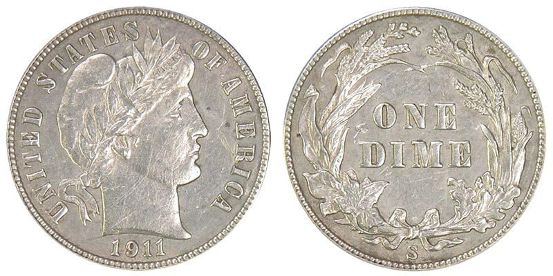 Side-by-side comparison of 1911-P (no mint mark) and 1911-S (key date with S mint mark) Barber Dimes