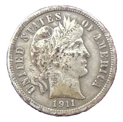1911 Barber Dime partial collar strike error showing railroad rim with irregular edge reeding