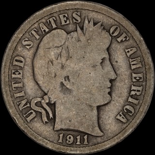 1911 Barber Dime doubled die obverse error showing doubled lettering on LIBERTY headband and date