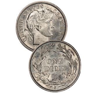 1911-S Barber Dime repunched mint mark (RPM) error showing doubled S mint mark below wreath bow
