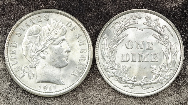 Group of 1911 Barber Dimes from all three mints shown in various grades of preservation