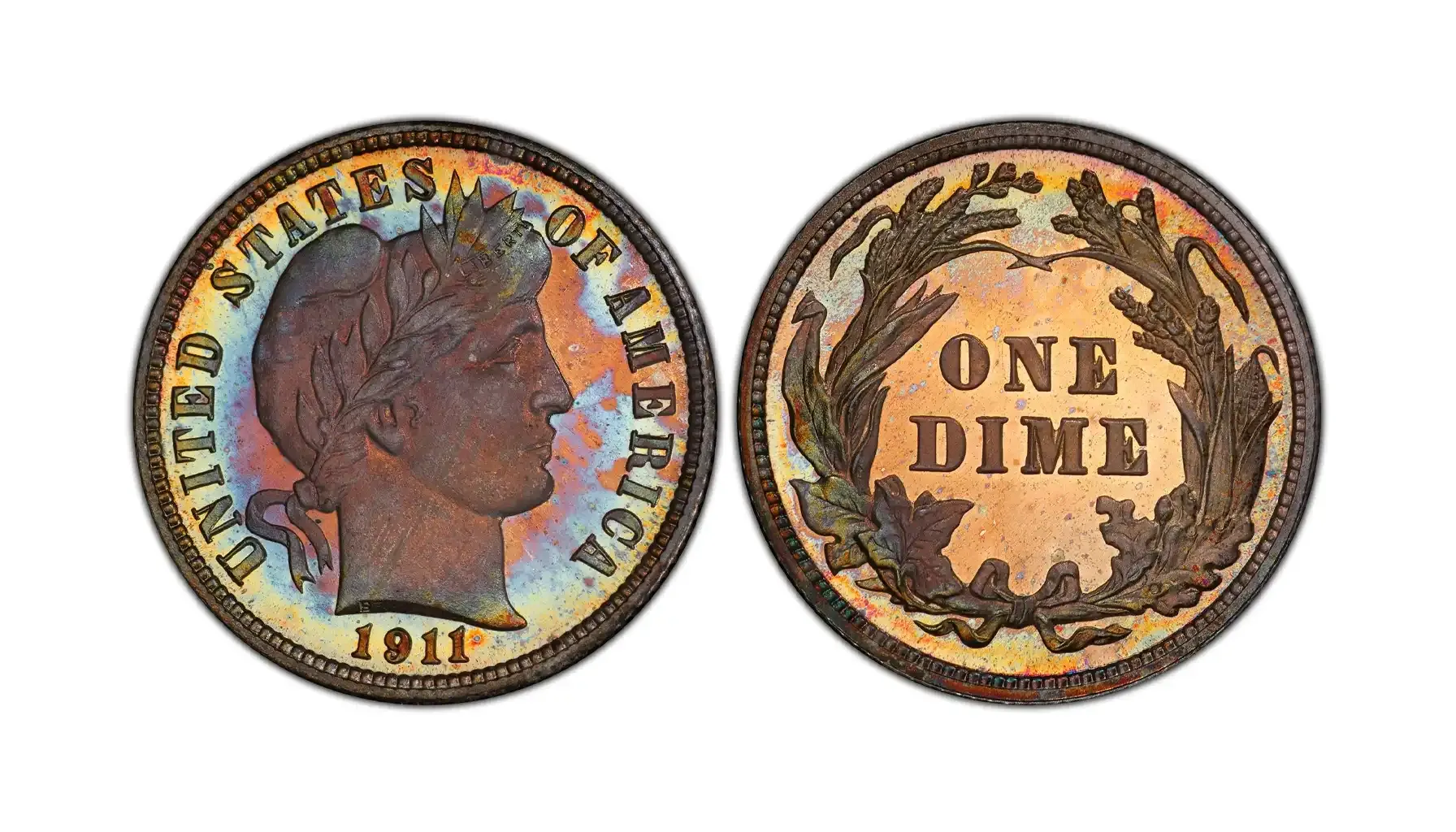 1911 Barber Dime grading strip showing four coins from Good through Mint State condition